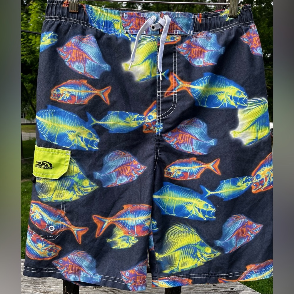 PipeLine Swim Trunks/Board Short 18/20 XL Youth Boys Fish Skeletal Patt Colorful